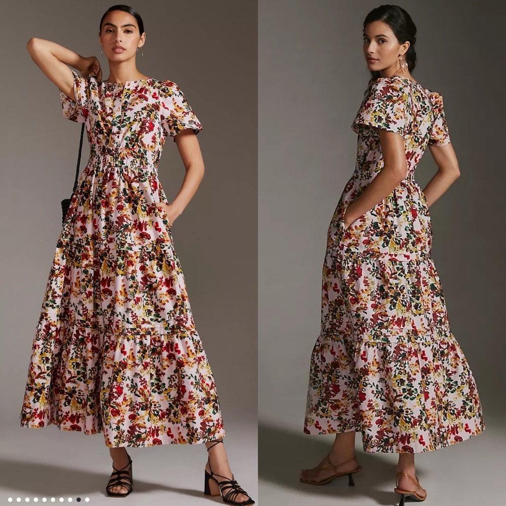 Anthropologie Somerset Collection Floral Smocked Maxi Dress Pink Rose Size Small